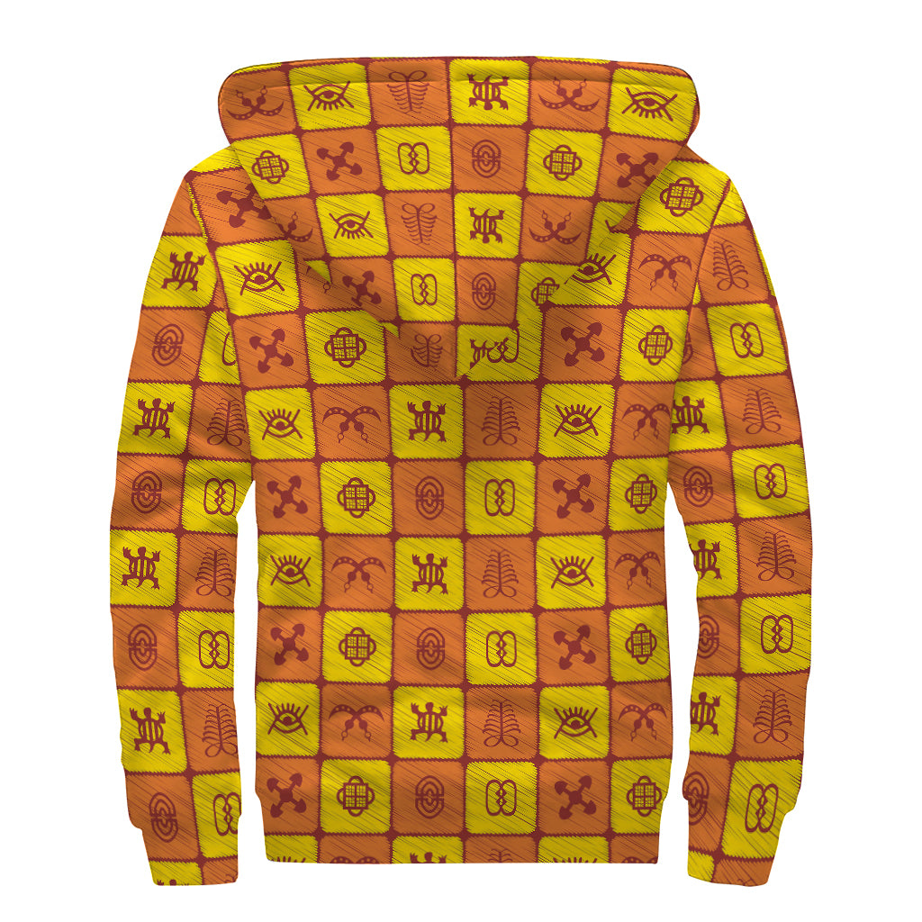 West Adinkra Symbols Pattern Print Sherpa Lined Zip Up Hoodie