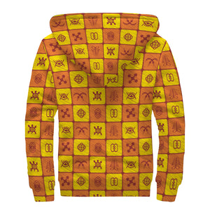 West Adinkra Symbols Pattern Print Sherpa Lined Zip Up Hoodie