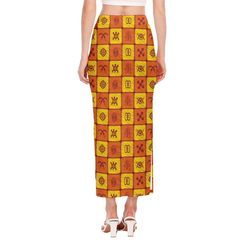 West Adinkra Symbols Pattern Print Side Slit Maxi Skirt