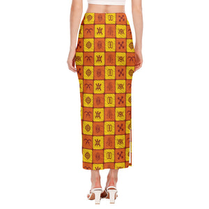 West Adinkra Symbols Pattern Print Side Slit Maxi Skirt