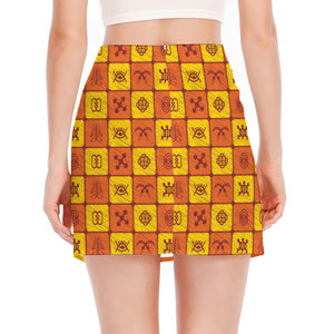 West Adinkra Symbols Pattern Print Side Slit Mini Skirt