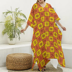 West Adinkra Symbols Pattern Print Silk V-Neck Kaftan Dress