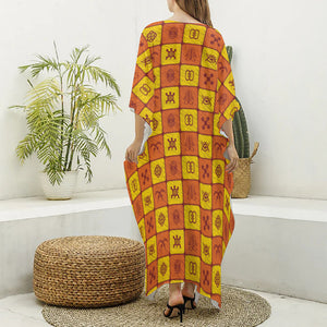 West Adinkra Symbols Pattern Print Silk V-Neck Kaftan Dress