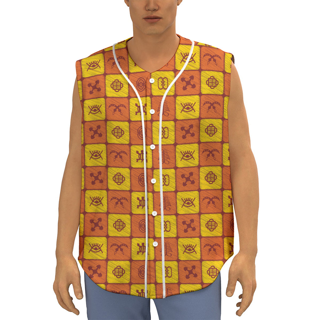 West Adinkra Symbols Pattern Print Sleeveless Baseball Jersey