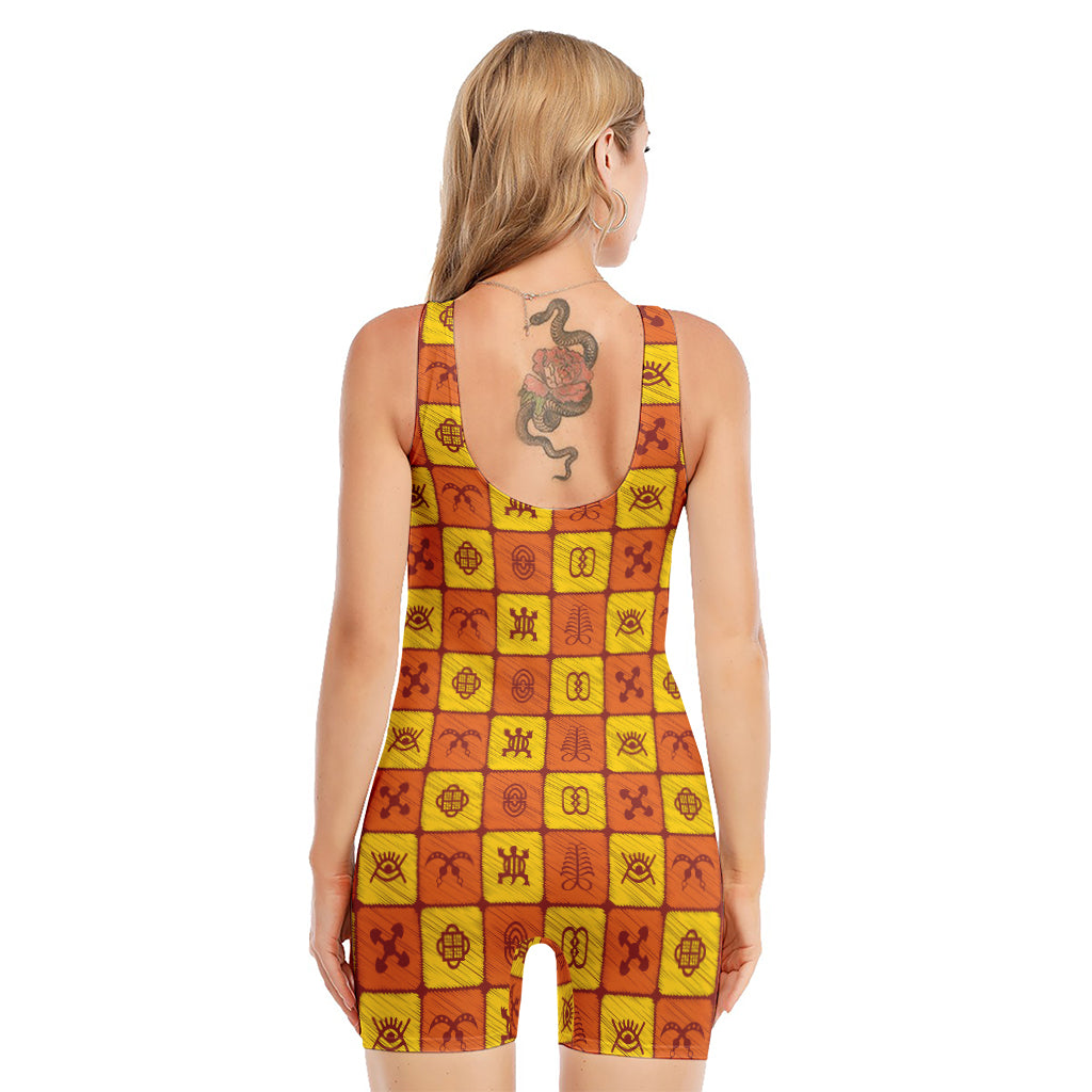 West Adinkra Symbols Pattern Print Sleeveless One Piece Swimsuit