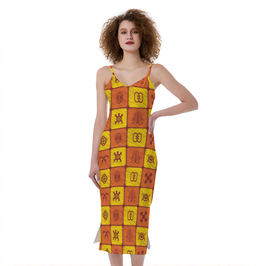 West Adinkra Symbols Pattern Print Slim Fit Midi Cami Dress