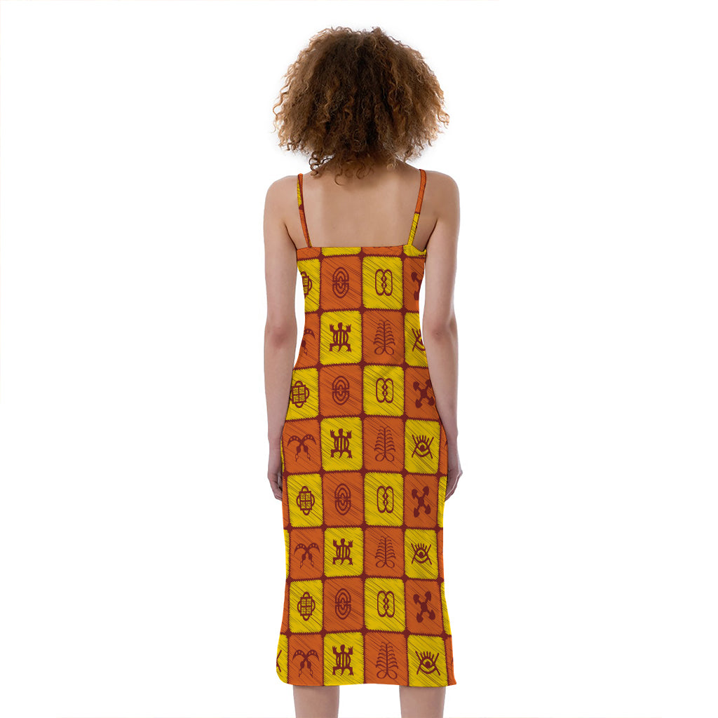 West Adinkra Symbols Pattern Print Slim Fit Midi Cami Dress