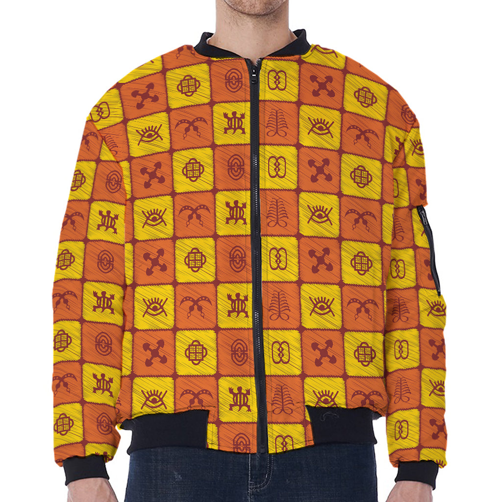 West Adinkra Symbols Pattern Print Zip Sleeve Bomber Jacket