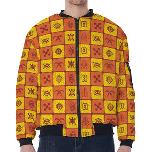 West Adinkra Symbols Pattern Print Zip Sleeve Bomber Jacket