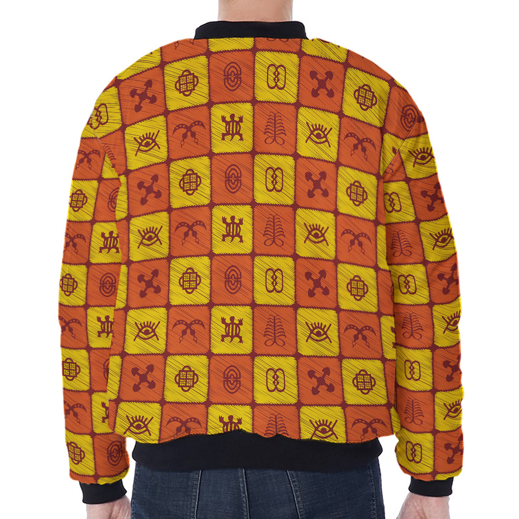 West Adinkra Symbols Pattern Print Zip Sleeve Bomber Jacket