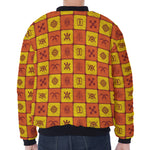 West Adinkra Symbols Pattern Print Zip Sleeve Bomber Jacket