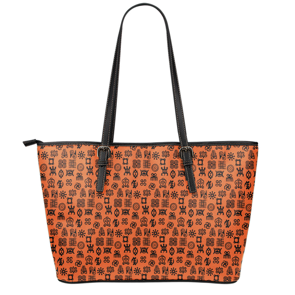 West African Adinkra Symbols Print Leather Tote Bag