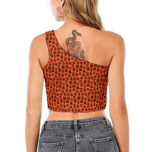 West African Adinkra Symbols Print One Shoulder Crop Top