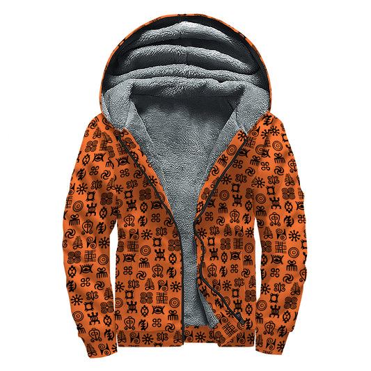 West African Adinkra Symbols Print Sherpa Lined Zip Up Hoodie