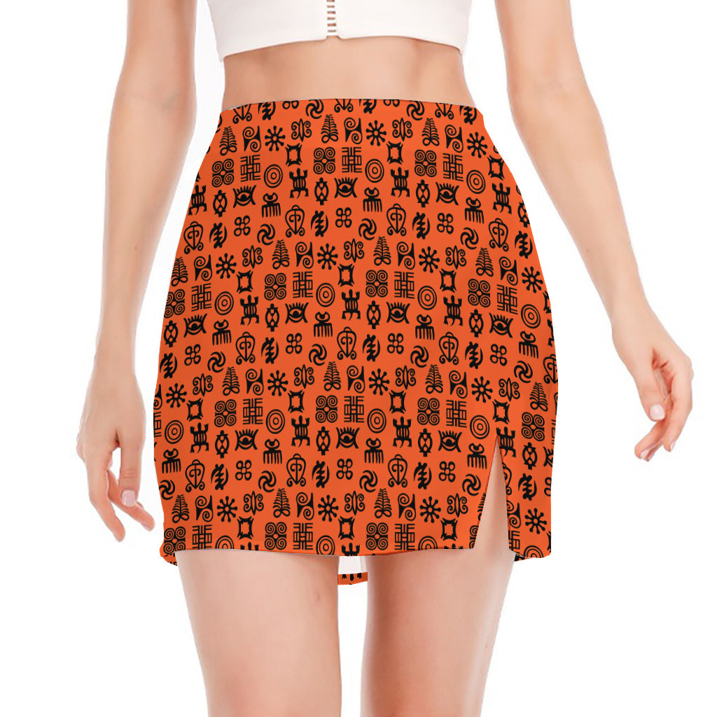 West African Adinkra Symbols Print Side Slit Mini Skirt