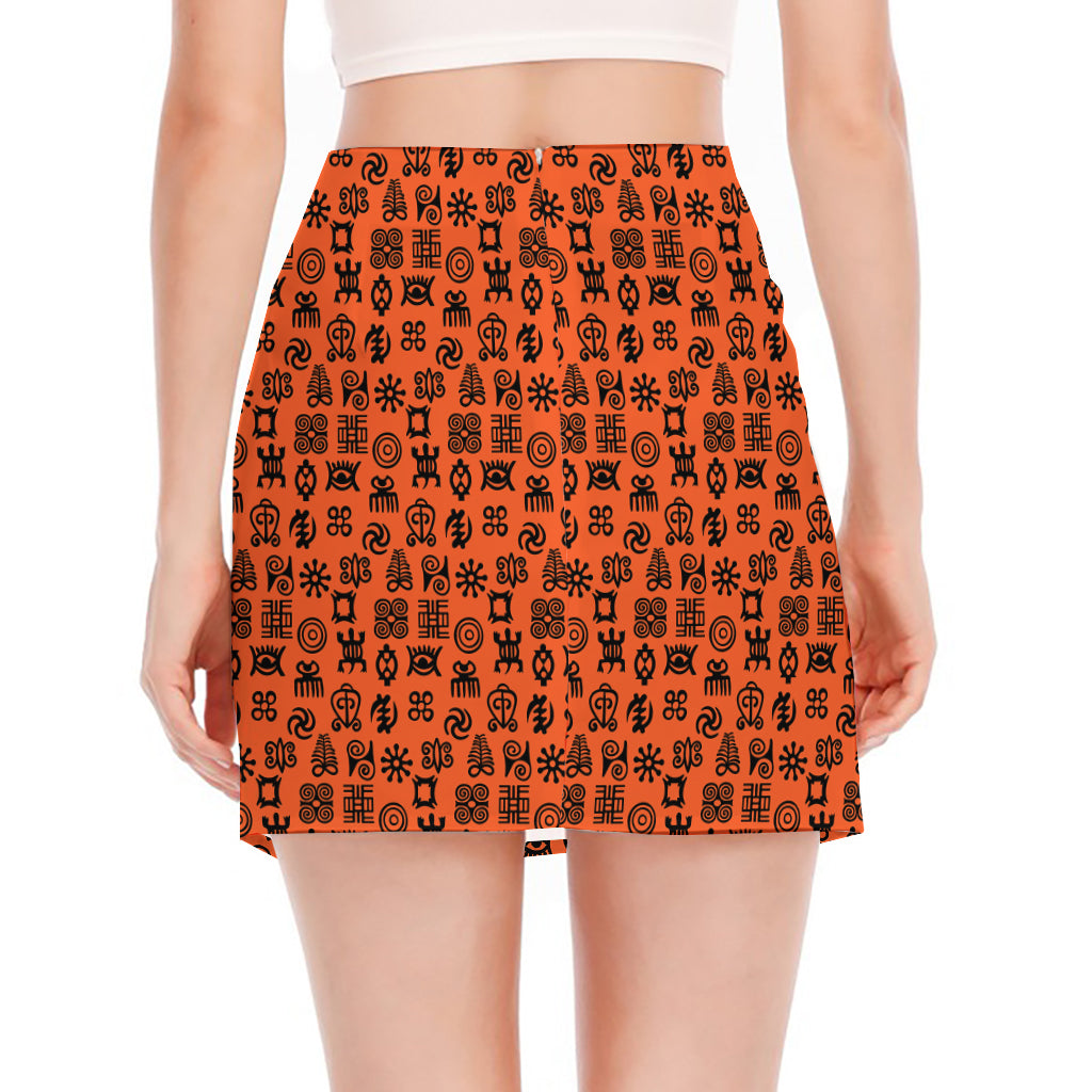 West African Adinkra Symbols Print Side Slit Mini Skirt