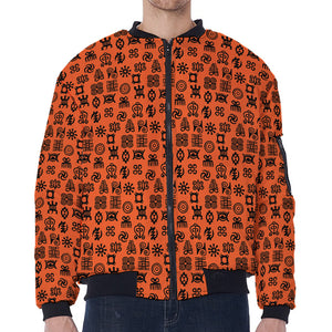 West African Adinkra Symbols Print Zip Sleeve Bomber Jacket