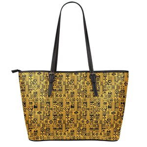 West African Adinkra Tribe Symbols Leather Tote Bag