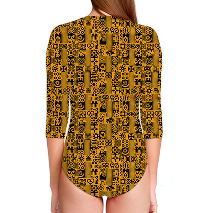 West African Adinkra Tribe Symbols Long Sleeve Swimsuit