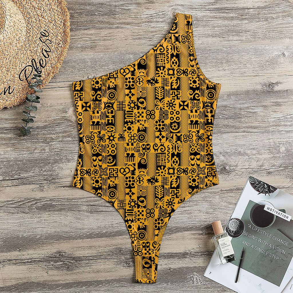 West African Adinkra Tribe Symbols One Shoulder Bodysuit