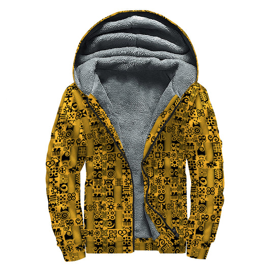 West African Adinkra Tribe Symbols Sherpa Lined Zip Up Hoodie
