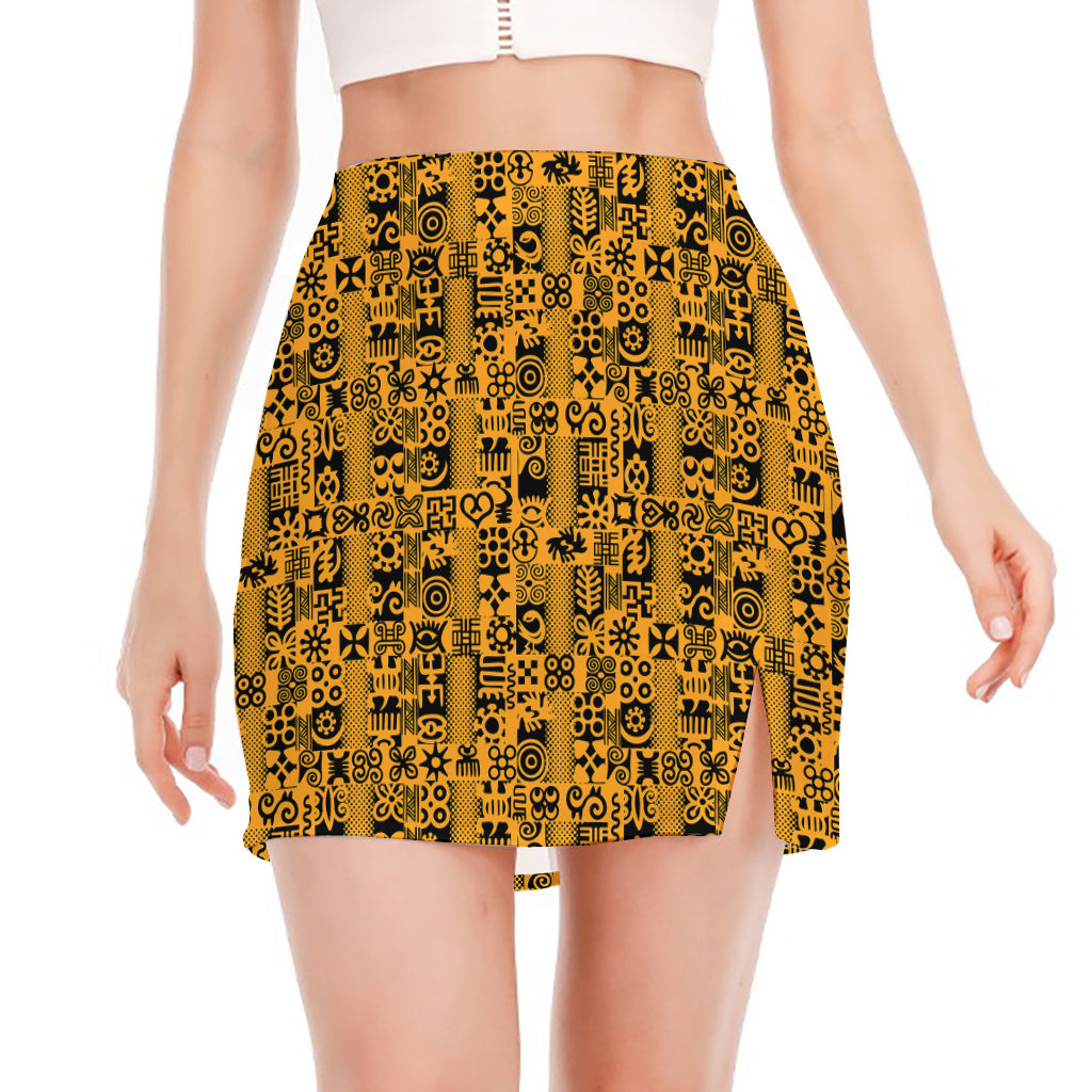 West African Adinkra Tribe Symbols Side Slit Mini Skirt