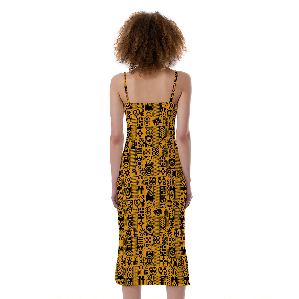 West African Adinkra Tribe Symbols Slim Fit Midi Cami Dress