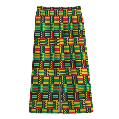 West African Kente Tribal Pattern Print Cotton Front Slit Maxi Skirt