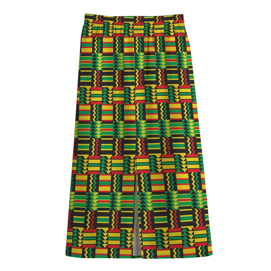 West African Kente Tribal Pattern Print Cotton Front Slit Maxi Skirt