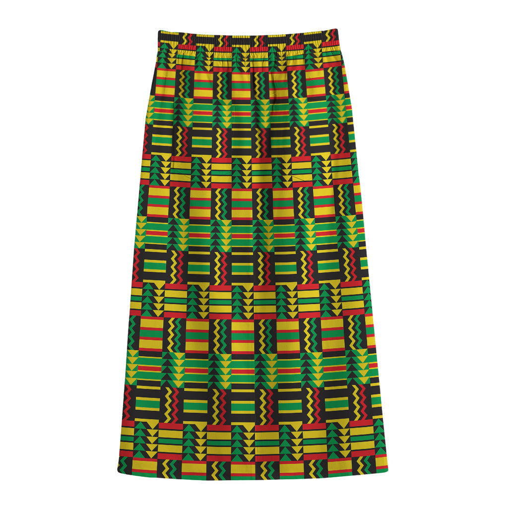 West African Kente Tribal Pattern Print Cotton Front Slit Maxi Skirt