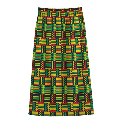 West African Kente Tribal Pattern Print Cotton Front Slit Maxi Skirt