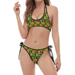 West African Kente Tribal Pattern Print Halter Scoop Tie Side Bikini