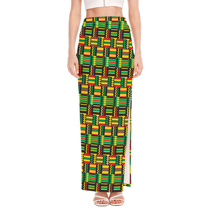 West African Kente Tribal Pattern Print High Slit Maxi Skirt