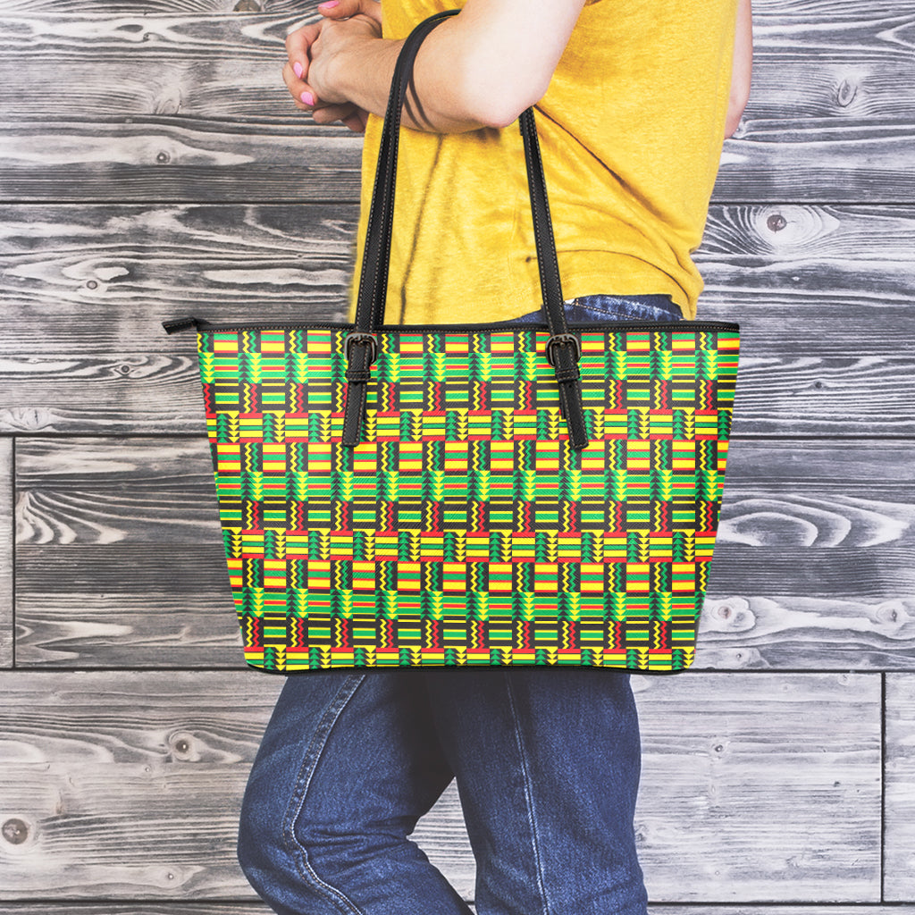 West African Kente Tribal Pattern Print Leather Tote Bag