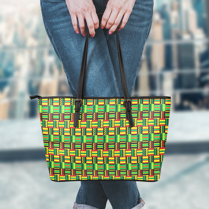 West African Kente Tribal Pattern Print Leather Tote Bag