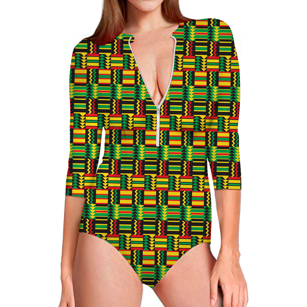 West African Kente Tribal Pattern Print Long Sleeve Swimsuit