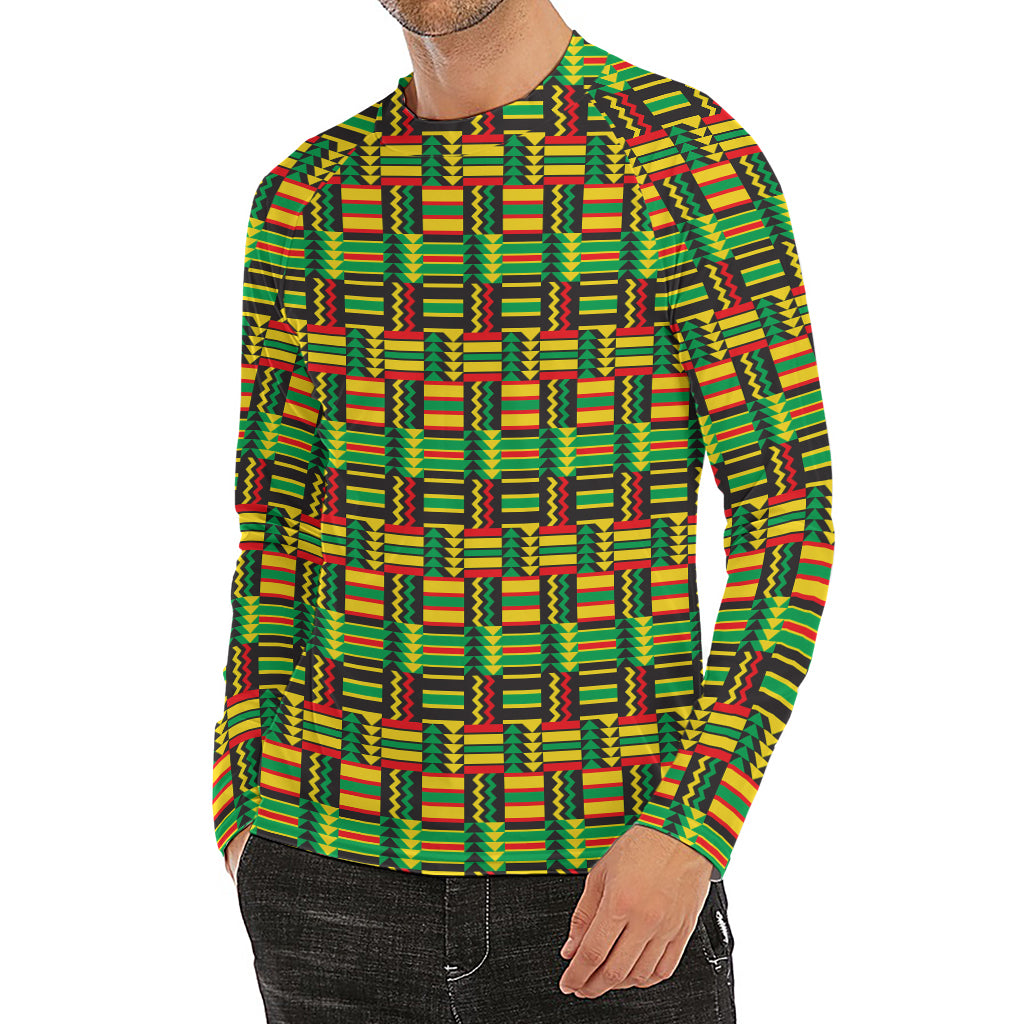 West African Kente Tribal Pattern Print Men's Long Sleeve Rash Guard