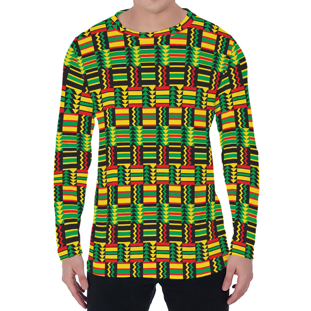 West African Kente Tribal Pattern Print Men's Long Sleeve T-Shirt
