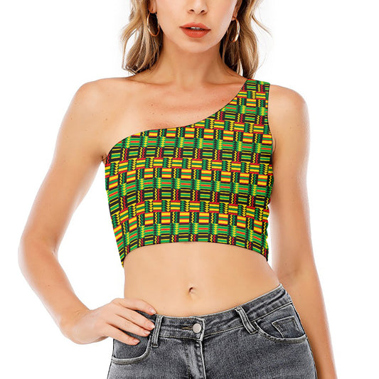 West African Kente Tribal Pattern Print One Shoulder Crop Top