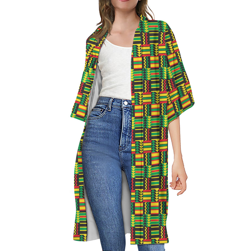 West African Kente Tribal Pattern Print Open Front Beach Cover Up