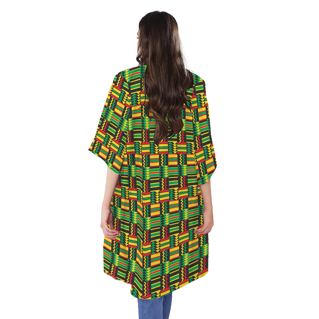 West African Kente Tribal Pattern Print Open Front Beach Cover Up