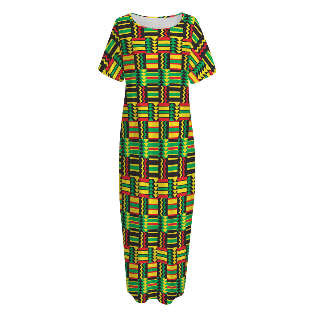 West African Kente Tribal Pattern Print Short Sleeve Long Nightdress