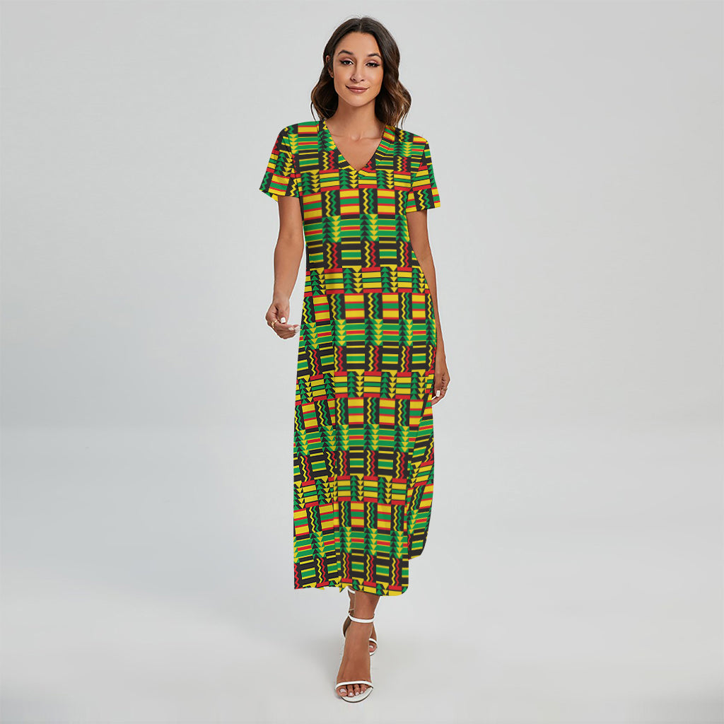 West African Kente Tribal Pattern Print Short Sleeve Maxi Dress