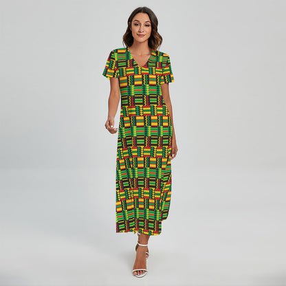 West African Kente Tribal Pattern Print Short Sleeve Maxi Dress