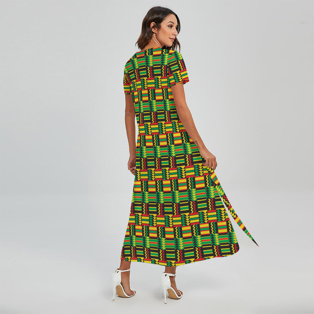 West African Kente Tribal Pattern Print Short Sleeve Maxi Dress