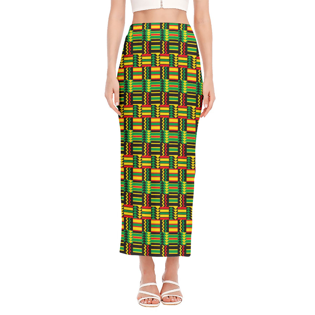 West African Kente Tribal Pattern Print Side Slit Maxi Skirt