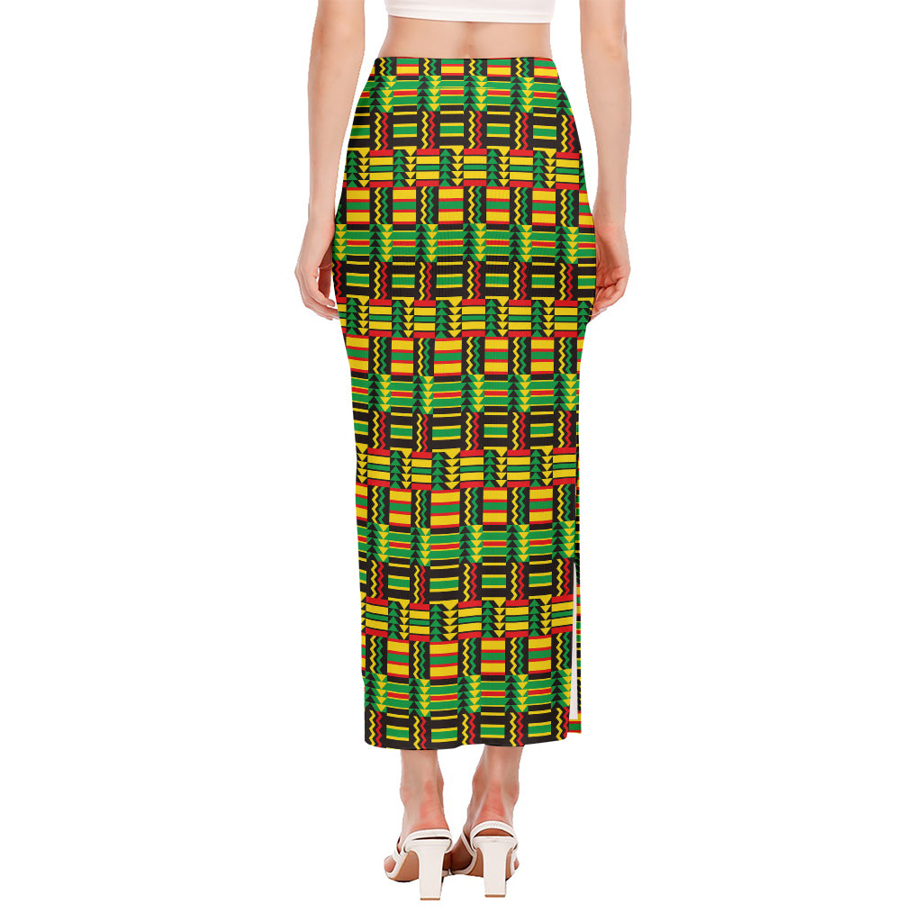 West African Kente Tribal Pattern Print Side Slit Maxi Skirt