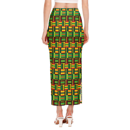 West African Kente Tribal Pattern Print Side Slit Maxi Skirt