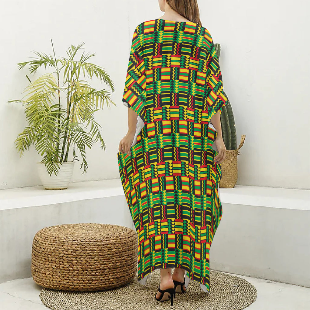 West African Kente Tribal Pattern Print Silk V-Neck Kaftan Dress