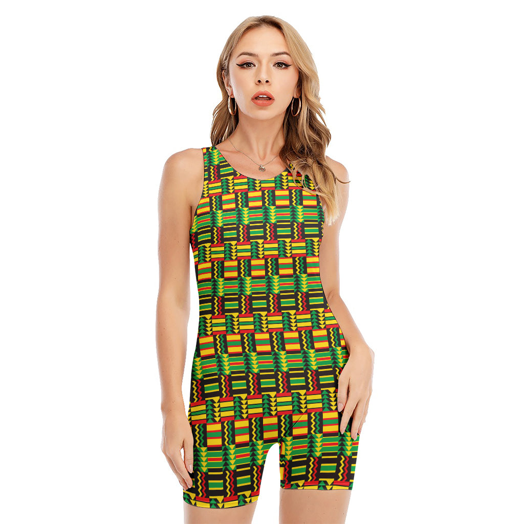 West African Kente Tribal Pattern Print Sleeveless One Piece Swimsuit